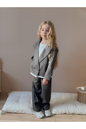 Kız Çocuk Çizgili Pantolon Ceket Antrasit Alt Üst Takım