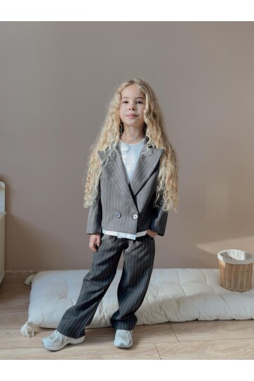 Kız Çocuk Çizgili Pantolon Ceket Antrasit Alt Üst Takım