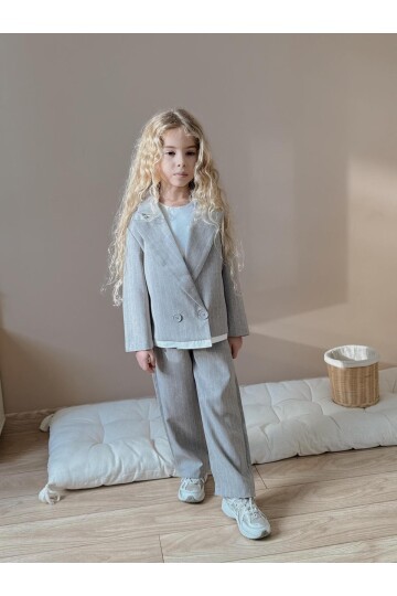 Kız Çocuk Çizgili Pantolon Ceket Gri Alt Üst Takım