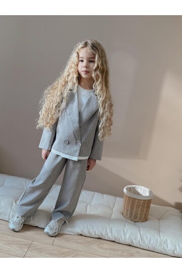 Kız Çocuk Çizgili Pantolon Ceket Gri Alt Üst Takım