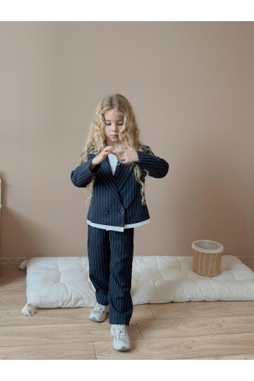 Kız Çocuk Çizgili Pantolon Ceket Siyah Alt Üst Takım