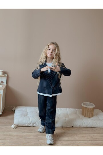 Kız Çocuk Çizgili Pantolon Ceket Siyah Alt Üst Takım