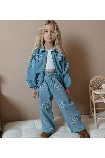 Kız Çocuk Kot İkili Takım Ceket Pantolon Açık Mavi