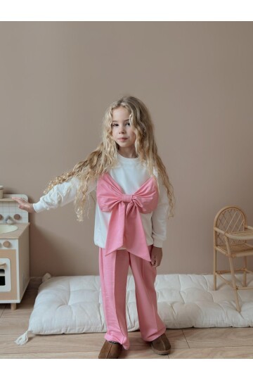 Kız Çocuk Fiyonk Detay Pamuklu Alt Üst Takım Pudra