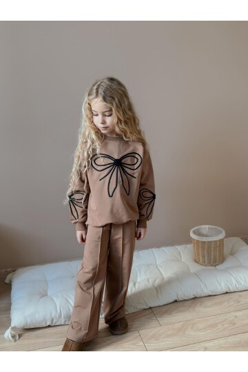 Kız Çocuk Fiyonk Detaylı Kahve Alt Üst Takım