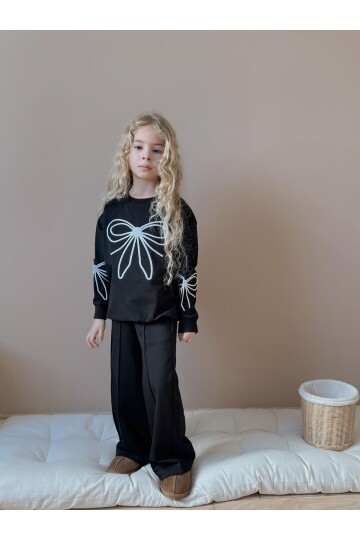 Kız Çocuk Fiyonk Detaylı Siyah Alt Üst Takım