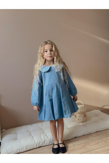 Kız Çocuk Kot Kumaş Yaka Detay Elbise