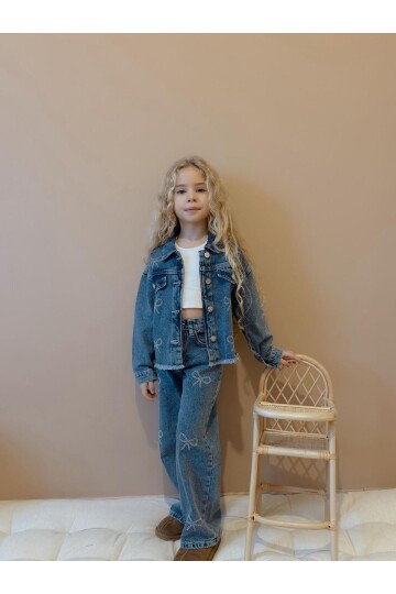 Kız Çocuk Kurdela Baskılı Kot İkili Takım Ceket Pantolon