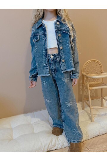 Kız Çocuk Kurdela Baskılı Kot İkili Takım Ceket Pantolon