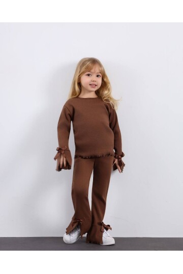 Kız Çocuk Paça Fiyonk Detaylı Kaşkorse Alt Üst Takım Kahve