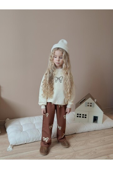 Kız Çocuk Pamuklu Fiyonk Desenli Eşofman Takımı Krem