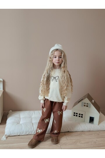 Kız Çocuk Pamuklu Fiyonk Desenli Eşofman Takımı Krem