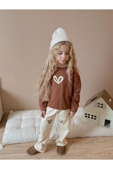 Kız Çocuk Pamuklu Love Desenli Eşofman Takımı Kahverengi