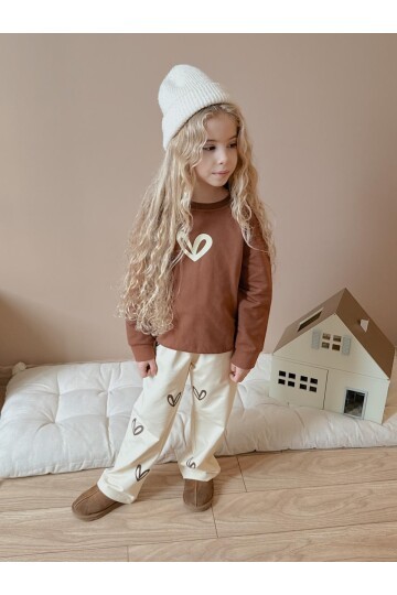 Kız Çocuk Pamuklu Love Desenli Eşofman Takımı Kahverengi