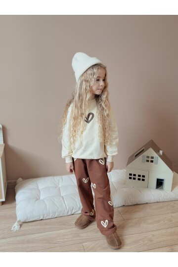 Kız Çocuk Pamuklu Love Desenli Eşofman Takımı Krem