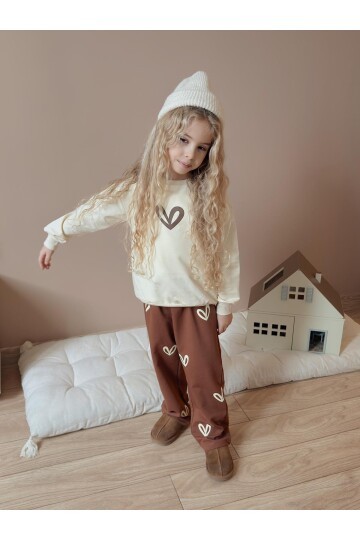 Kız Çocuk Pamuklu Love Desenli Eşofman Takımı Krem