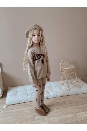 Kız Çocuk Pamuklu Sweatshirt Tayt İkili Takım Bej