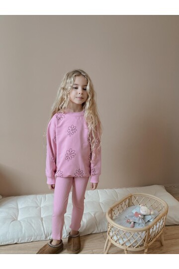 Kız Çocuk Pamuklu Sweatshirt Tayt İkili Takım Pembe