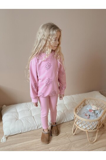 Kız Çocuk Pamuklu Sweatshirt Tayt İkili Takım Pembe