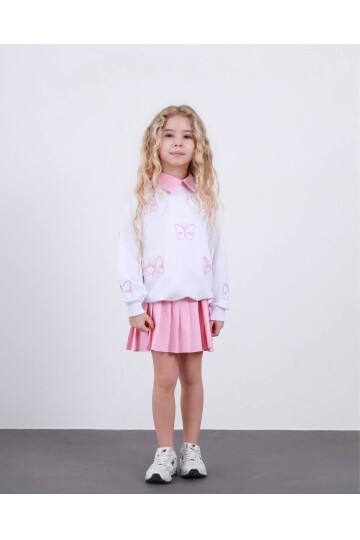 Kız Çocuk Pileli Etek ve Alt Üst Takım Beyaz