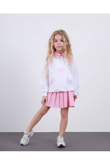 Kız Çocuk Pileli Etek ve Alt Üst Takım Beyaz