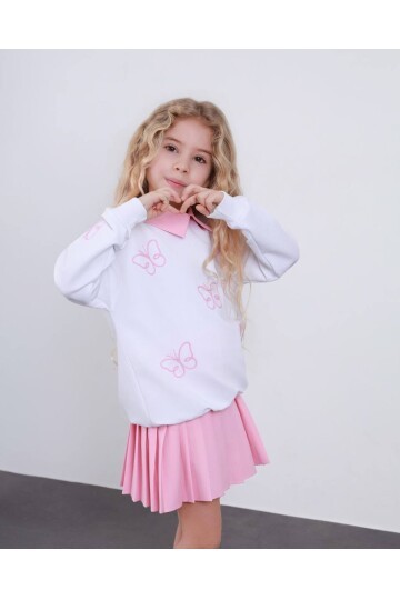 Kız Çocuk Pileli Etek ve Alt Üst Takım Beyaz