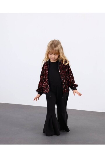 Kız Çocuk Sakallı Hırka Payet Detay Pantalon Hırka Badi 3 lü Takım