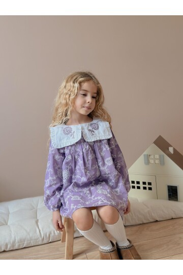 Kız Çocuk Yaka Nakışlı Astarlı Keten Elbise