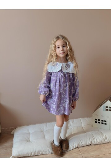 Kız Çocuk Yaka Nakışlı Astarlı Keten Elbise