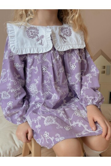 Kız Çocuk Yaka Nakışlı Astarlı Keten Elbise