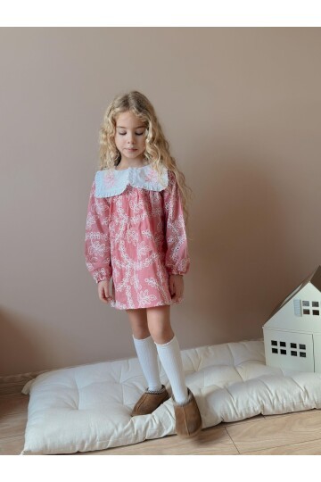 Kız Çocuk Yaka Nakışlı Astarlı Keten Elbise