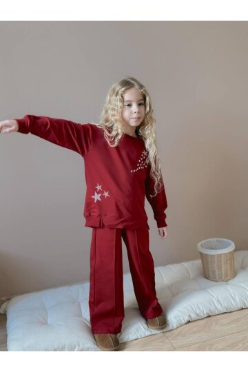 Kız Çocuk Yıldız Taş Baskılı Bordo Eşofman Takımı