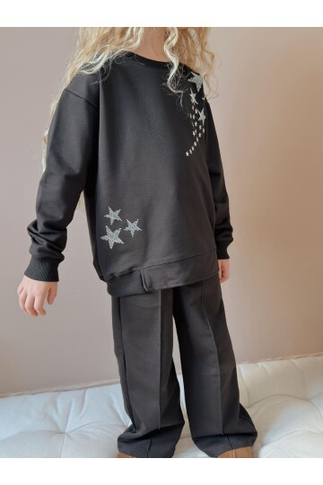 Kız Çocuk Yıldız Taş Baskılı Siyah Eşofman Takımı