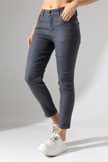 Koyu Gri Yüksek Bel Dar Kesim Jean