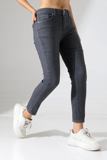 Koyu Gri Yüksek Bel Dar Kesim Jean