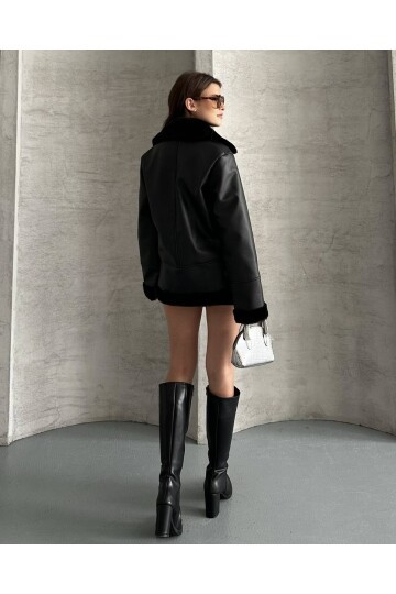 Kürk Detaylı Biker Deri Mont