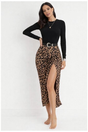 Leopar Desenli Modal Kumaş Yırtmaç Detaylı Yüksek Bel Midi Etek