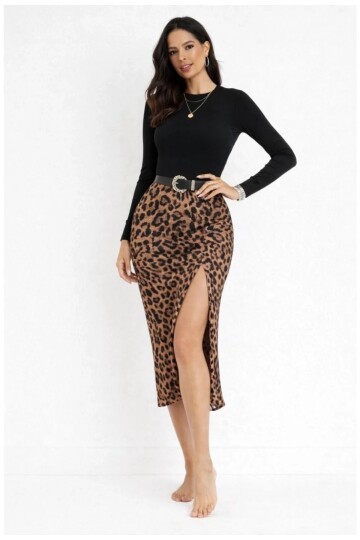 Leopar Desenli Modal Kumaş Yırtmaç Detaylı Yüksek Bel Midi Etek