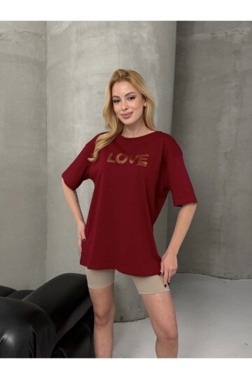 Love Baskılı Oversize Kadın Tişört – Kırmızı