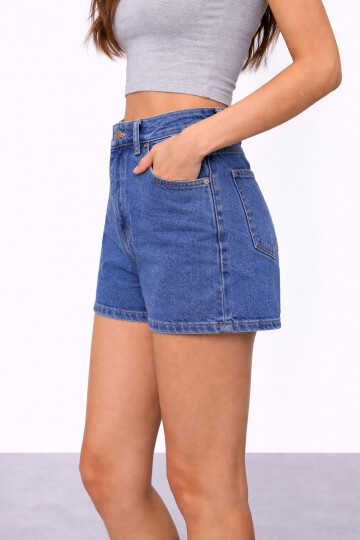 Mavi Yüksek Bel Jean Şort