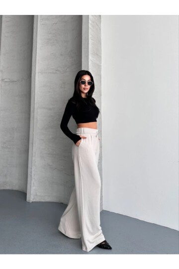 Modal Kumaş Bel Detay Pantalon Krem