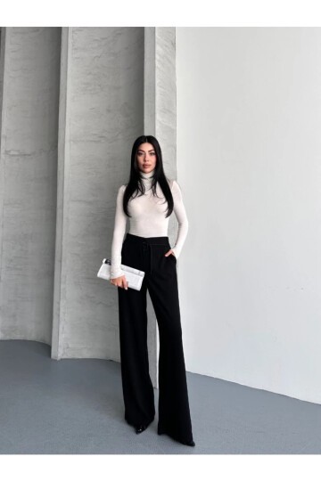 Modal Kumaş Bel Detay Pantalon Siyah