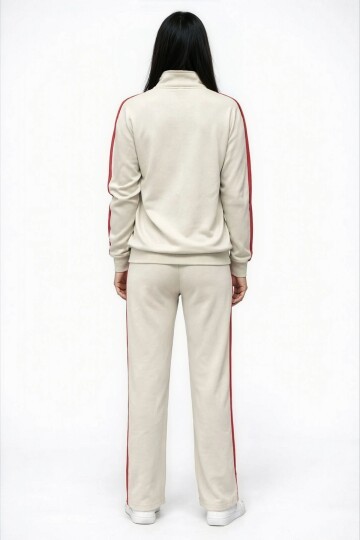 Modal Kumaş Tam Fermuarlı Şeritli Eşofman Takımı Bej