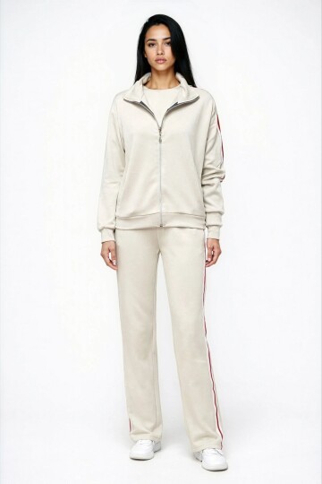 Modal Kumaş Tam Fermuarlı Şeritli Eşofman Takımı Bej