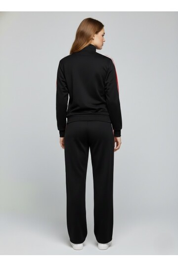 Modal Kumaş Tam Fermuarlı Şeritli Eşofman Takımı Siyah