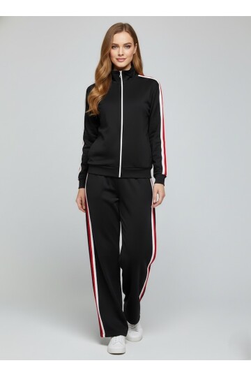 Modal Kumaş Tam Fermuarlı Şeritli Eşofman Takımı Siyah