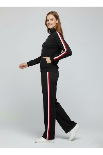 Modal Kumaş Tam Fermuarlı Şeritli Eşofman Takımı Siyah