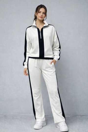 Modal Kumaş Yarım Fermuarlı Şeritli Eşofman Takımı Beyaz