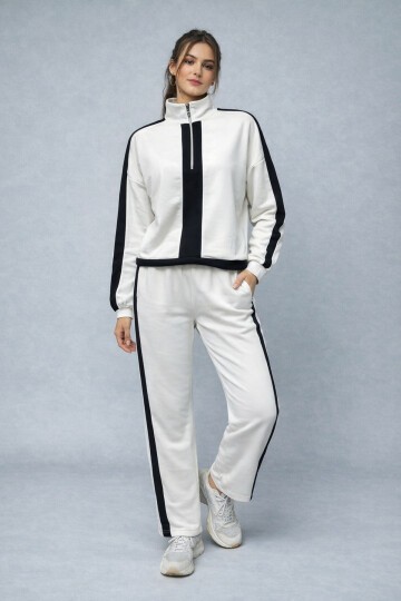 Modal Kumaş Yarım Fermuarlı Şeritli Eşofman Takımı Beyaz