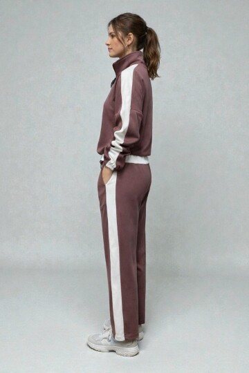 Modal Kumaş Yarım Fermuarlı Şeritli Eşofman Takımı Gül Kurusu